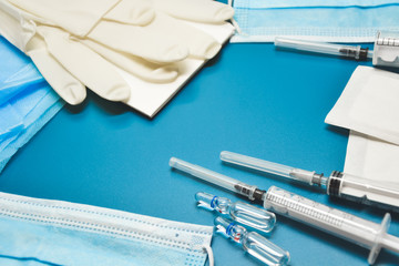 Medical equipment. Coronavirus protection. Medical face mask. Sterile gloves. Syringe and drugs....