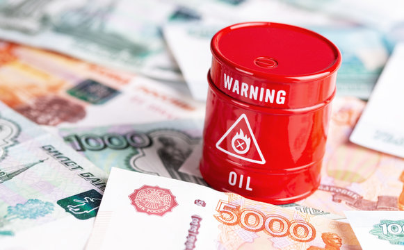 Oil Barrel With Money, Russian Rubles Banknotes Closeup Background