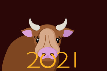 A bull with a nose ring is a symbol of 2021 on a dark background. New Year on the Chinese calendar. Concept for the design of calendars, posters, cards