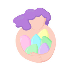 A girl with a purple haircut in a flat style holds colored Easter eggs of different colors: blue, green, yellow, pink, lilac. Vector iso image on a white background.