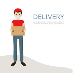 Courier in RED uniform and medical mask. Food delivery, BOOKS, GOODS during quarantine. Prevention of viral infections. Flat vector illustration.