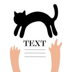 A cat lying on a white background and hands are reaching for it, between them there is a place for text.