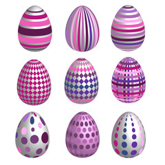 Set of multicolor easter eggs with different texture. Purple and pink color. Isolated on a white background.