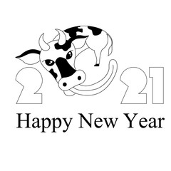 Bull 2021 black silhouette. A cow with a long tongue and the inscription "happy new year." Concept for cards, calendars, banners.