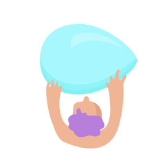 A man with purple hair is holding a big blue egg. Doodle character for postcard, design, poster.