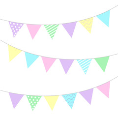 flags in pastel colors. Decoration for the holiday. Triangular flags with polka dots, stripes and waves.