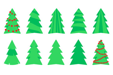 Vector illustration, Christmas tree flat cartoon set. Isolated on white background. Applicable as a decorative element for interior designs, greeting postcards, posters, flyers etc.