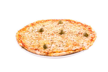 Pizza Margherita with cheese and green olives. Photo taken on a white background. A dish of Italian cuisine. Suitable for restaurant menu.