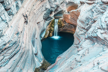 High angle view of waterfall in gorge