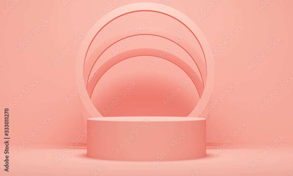 Poster geometric abstract coral background with platform and round frame. 3d rendering
