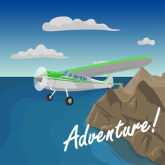 Mountains aerial view vector illustration. Mountain landscape with small plane