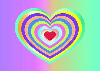 Rainbow heart is on a pastel spring background.