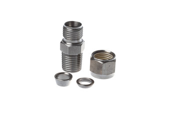 Disassembled steel coupling for quick metal pipe connection with thread, isolated on white...