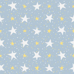 Seamless pattern, stars of different sizes and shapes, elements in the form of dots randomly scattered on a blue background. Cute pastel color pattern. Vector.