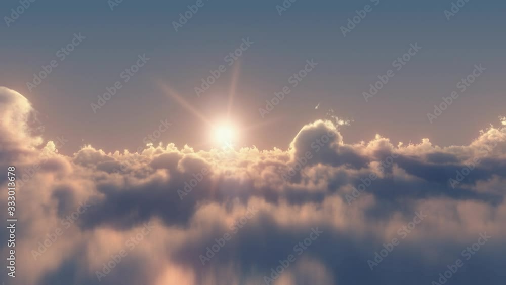 Wall mural infinite fly above clouds at sunset - realistic 3d render - seamless video in pov