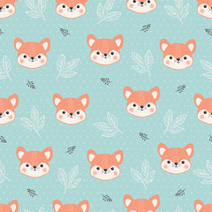 Seamless pattern cute Fox face, vector illustration