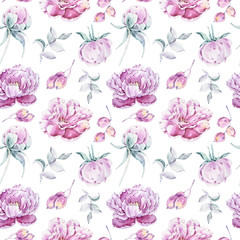 Seamless pattern with  hand painted spring flowers and leaves. Can be used for wallpaper, scrapbooking, textile production, packaging, wrapping paper, blog,fabric. Botanical illustration on white