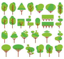 Vector illustration, flat green trees set. Isolated on white background, can be used as icons for nature designs, maps, landscapes, etc.