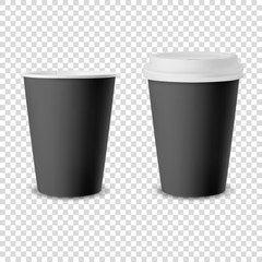 Vector 3d Realistic Black Disposable Opened and Closed Paper or Plastic Coffee Cup for Drinks with White Lid Icon Set Closeup Isolated. Design Template, Mockup. Front View