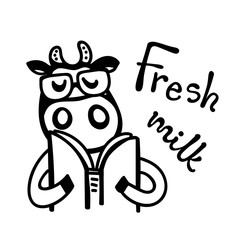Vector illustration, line cartoon cow wearing glasses and reading book. Hand drawn, black outline, isolated. 