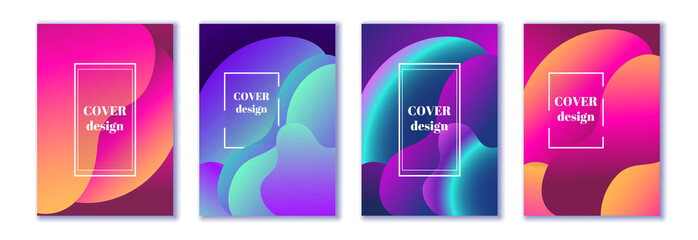 Social media stories design set, abstract trendy fluid wavy neon vertical backgrounds. Cyan, blue, pink, mint, orange, violet colors with gradients and halftones. Vector illustration, Eps10.