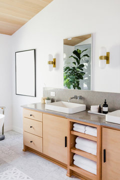 Natural Wood Vanity in Modern Master Bathroom