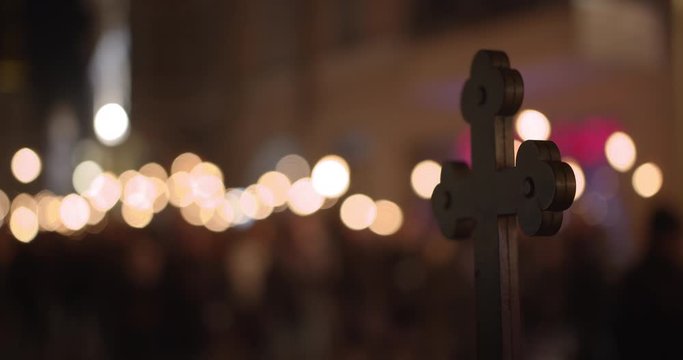 Torchlight procession at night people walk and protest with burning torches