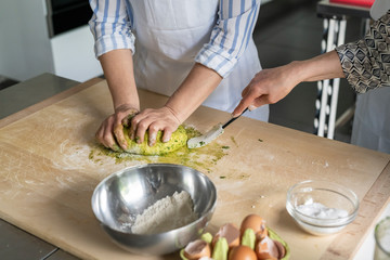 Kitchen class lesson with people cooking food