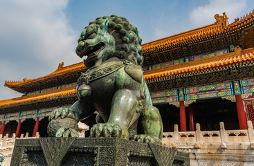 Figure of a lion, a symbol of power. Imperial Palaces of the Ming and Qing Dynasties at Forbidden City in Beijing