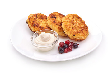 Homemade Cottage cheese pancakes, isolated on white background