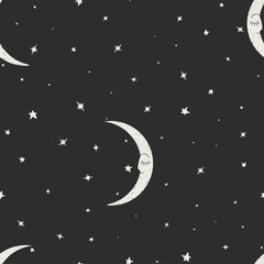Obraz na płótnie Canvas Seamless pattern with sleeping night stars and moon for kids holidays. Cute baby shower vector background. Baby bedroom design