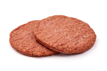 Raw burger cutlets, ingredients for hamburger, isolated on white background