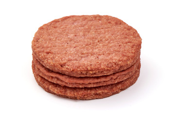 Raw burger cutlets, ingredients for hamburger, isolated on white background