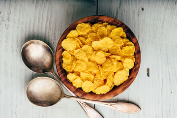 Rustic bowl of corn flakes