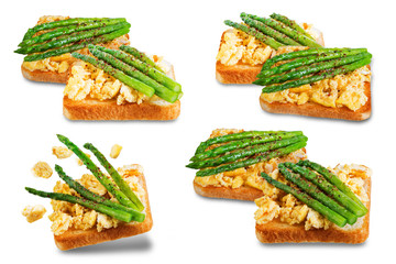 Scrambled egg asparagus sandwich on a white isolated background