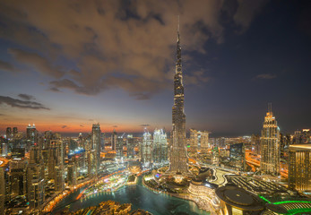 Aerial view of Burj Khalifa in Dubai Downtown skyline and fountain, United Arab Emirates or UAE....