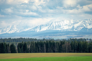Beautiful view of the Tatra mountains. Mountains in the background, meadows and forests in the foreground