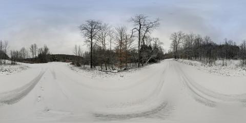 Obraz premium Winter snow covered road 360 photo sphere
