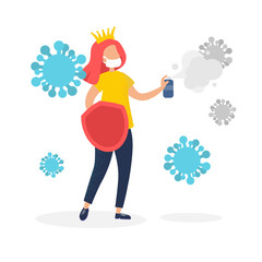Young girl fights with coronavirus and wins. Fight covid-19 corona virus.  Modern diseases. Vector illustration.