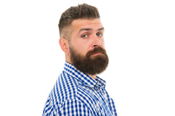 Trust your barber. Facial hair. Hipster with long beard and stylish hair on white background. Brutal guy with shaped beard and mustache hair. Bearded man with unshaven face hair. Services for men