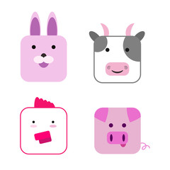 Set of cute cartoon farm animals head square shape. Rabbit, cow, pig, chicken