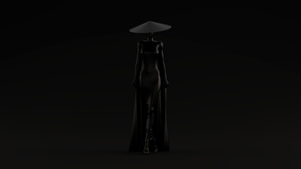 Black Asian Demon Assassin in a Tight Dress Cape and Conical Hat Evil Spirit Black Background 3d illustration 3d render