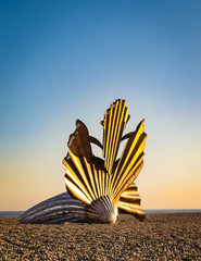 Sculpture of a giant scallop on a pebble beach in setting sun