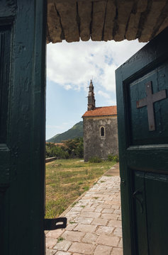 Entrance to Serbian Orthodox Church of the Nativity of the Virgin / Perast / Montenegro