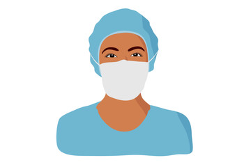 African-american nurse. Female hospital worker in blue uniform with mask, vector portrait illustration.