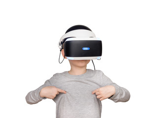 A child in a virtual reality helmet isolated on white background
