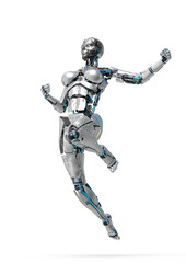cyborg female comic pose one in a white background