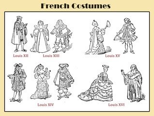 Fototapeta na wymiar French court costumes of the Louis XII, Louis XIII, Louis XIV and Louis XVI, illustrated lexicon table