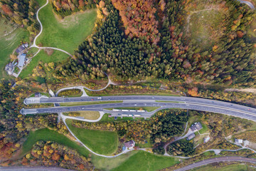 Top dawn aerial view of freeway speed road going out from undeground tunnel between yellow autumn forest trees in rural area.