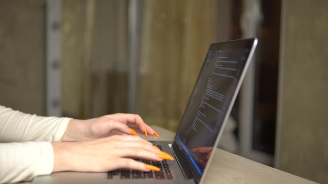 Girl coding html on laptop programming website online working freelance